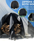 Outdoor Waterproof Log Rack Cover Heavy Duty Windproof UV Resistant Tarp With PVC Backing Keeps Dry Wood Safe Year Round Fits 40 Long X 24 Wide X 41 High Black showing zippers on both sides for easy firewood access.