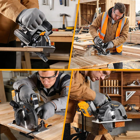 Heavy Duty 20 Volt Cordless Circular Saw Featuring Brushless Motor And 185 Mm Blade 4500 Rpm Speed with LED light in use for cutting wood.
