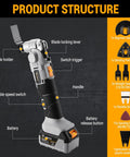 No Drama 20V Brushless Cordless Oscillating Multitool features labeled parts, including blade holder and variable speed switch.
