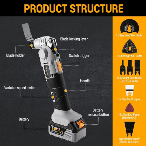 No Drama 20V Brushless Cordless Oscillating Multitool features labeled parts, including blade holder and variable speed switch.