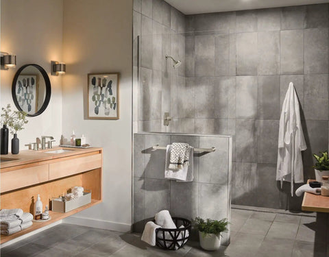 Modern bathroom with brushed nickel eight function high pressure showerhead with five inch spray head and hose easy install handheld design for a power packed shower experience.