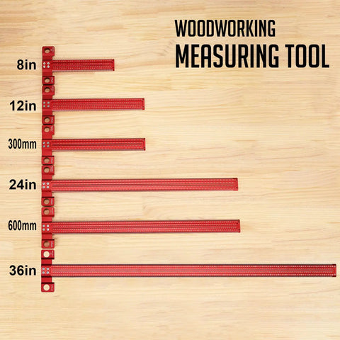 Pro Grade Woodworking Scriber T-Square Ruler 12in with various sizes on wooden surface