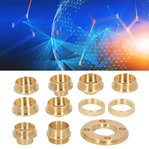 Solid Brass Router Template Guide Set 11 Piece Knockout Kit Includes Eight Sized Bushings, precision brass guide bushings displayed.