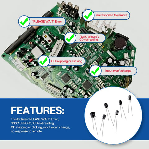 Six Piece Capacitor Repair Set For Bose Wave CD Player Gets Your Receiver Straight Again By Dumping The Please Wait Error And Stopping That Annoying Click Noise, featuring circuit board with highlighted error indicators.