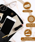 Kickass Heavy Duty Copper Magnetic Snap Buttons For Leather Crafting Jobs on a black tote with phone and makeup.