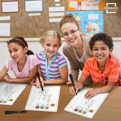 Children and teacher using Flexible Dry Erase Math Sheets For Long Division Practice 9x12 Whiteboards Pack Of 10 in classroom