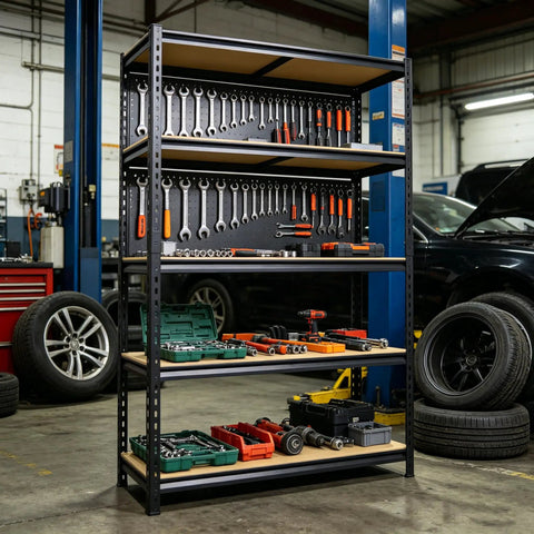 Top Shelf Heavy Duty Five Tier Garage Storage Rack With Adjustable Steel Uprights And Durable MDF Boards Delivering Two Thousand Pounds For Workshop Gear And Essentials organized with tools and equipment.