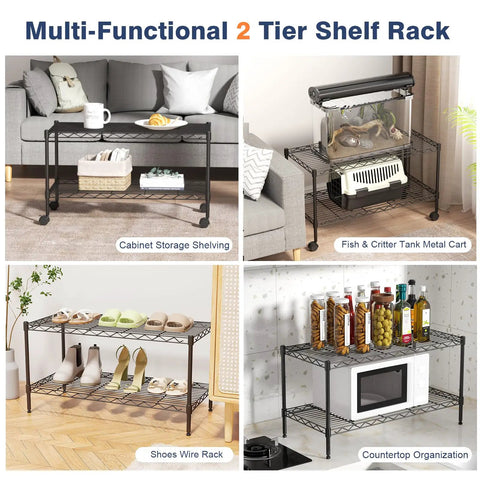 Multi-Functional 2 Tier Shelf Rack for versatile organization; black metal construction for cabinet, fish tank, shoe, and countertop storage.