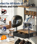 Heavy Duty Motorcycle Helmet Wall Mount With Dang Tough Waterproof Steel Construction And Roomy Fabric Drawer for storing various helmets.