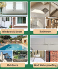 Collage of home improvement areas including Windows & Doors, Bathroom, Outdoors, and Wall Waterproofing for sealant use.