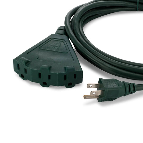 Heavy Duty 15 Foot Extension Cord with Outlet Splitter for Indoor and Outdoor Use, Green Three Prong Power Cord close-up.