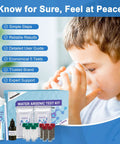 Arsenic Water Test Kit With 5 Tests For Drinking Well And Tank Water Ranges Up To 500 Ppb Or 0.5 Ppm, kit components displayed with a child drinking water.