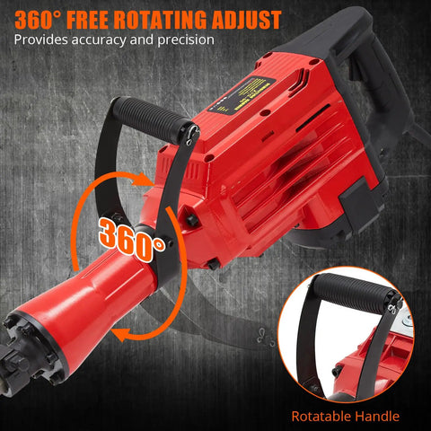 Solid Build Heavy Duty Electric Jack Hammer Concrete Breaker Demolition Rig For Ripping Through Slabs Quick Change Chuck System with 360° rotating handle.