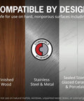 Compatibility of germicidal disposable wipes for hard surfaces, showing wood, steel, ceramic, and porcelain materials