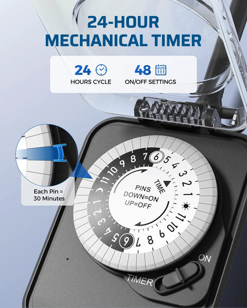 Solid 24 Hour Mechanical Timer Outlet Featuring Dual Grounded Outlets And 15 Amp Capacity For Yard Work Plug And Play Daily Timers With Zero Tech Headaches Or Battery Drama Straight Up Reliable, showing pin dial timer with on/off settings.