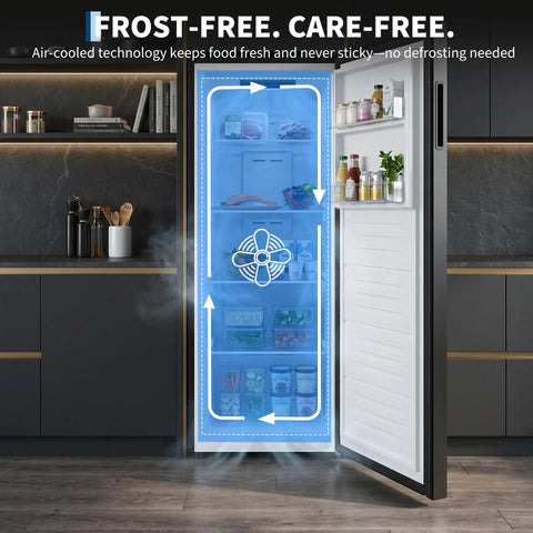 No Sweat 11 Cu Ft Frost Free Upright Freezer With Convertible Fridge Mode And Adjustable Shelves Smooth Sailing Mechanical Temp Control Freestanding Deep Storage For Garage Or Kitchen Clean Black Finish Quick Setup interior showing food storage layout.