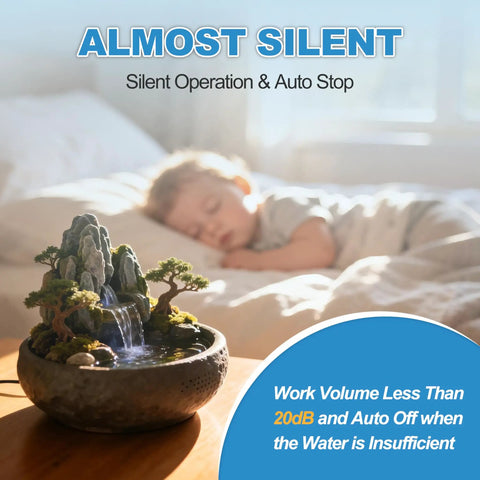 Sleeping child near fountain with almost silent operation, highlighting quiet function for Smart Tiny But Mighty Mini Sump Pump.