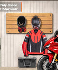 Heavy Duty Solid Steel And Premium Natural Wood Motorcycle Helmet Wall Mount Rack With Rust Resistant Matte Black Finish Built Tough For Motorcyclists Rock Solid Garage Gear Stash Two Pack with helmets and riding gear on display.