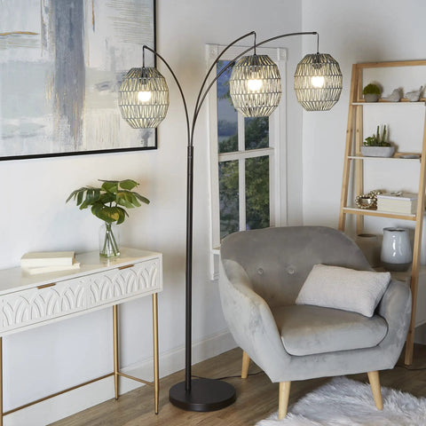 Three Light Metal Floor Lamp With Gray Rope Shade In Black Finish Large Boho Style Metal Lamp For Living Room Or Bedroom Provides Ambient And Focus Lighting For Any Space