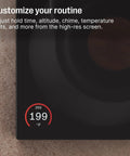 Close-up of a digital display on a gooseneck pour over coffee kettle with precise temperature control, showing 199°F.