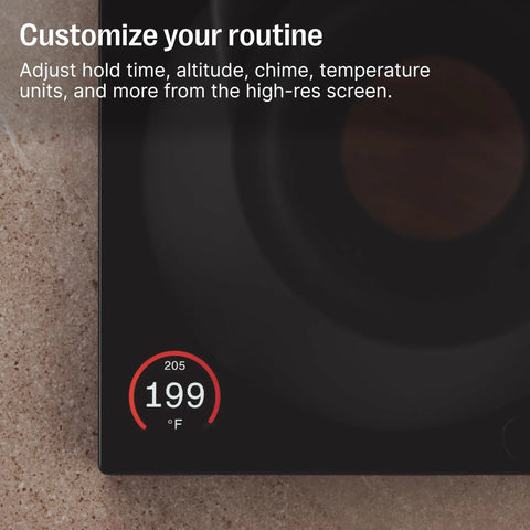 Close-up of a digital display on a gooseneck pour over coffee kettle with precise temperature control, showing 199°F.