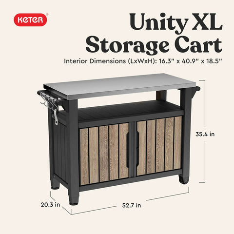 Wood Look Outdoor Entertainment Cart With 78 Gallon Storage, Stainless Steel Top For BBQ Prep, front view, closed doors