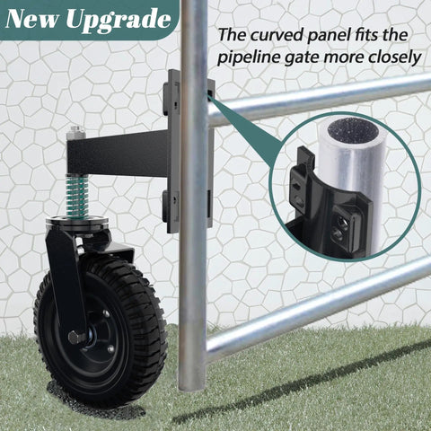 Heavy Duty Eight Inch Gate Wheel With Brake Featuring Spring Shock Absorption To Roll Smooth Over Rough Terrain Without Dragging On Wooden Or Metal Tube Fences All Year Round, mounted on a gate frame.