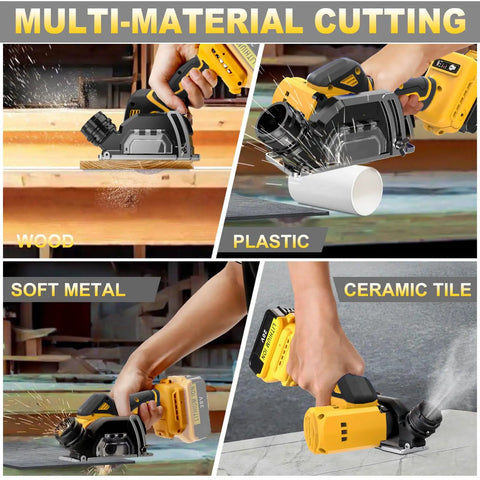 Compact 3 Inch Mini Circular Saw Cuts Metal Wood Tile And Plastic Without The Sweat Features Brushless Motor cutting wood, plastic, soft metal, and tile.
