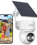 Solar Powered Outdoor Security Camera With All Around 360 Degree View And Color Night Vision AI Human Detection 2 Way Audio Spotlight Siren IP65 Weatherproof 2.4G WiFi Battery Or Solar Powered Local SD Card And Cloud Storage, mounted installation with mobile phone connectivity visible.