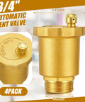 Value Packed Four Pack Brass Automatic Float Valve Three Quarter Inch Male NPT Thread Air Release Bleeder Vent Valve Diaphragm Pipe Fitting Adapter For Hot Water Radiators Boilers HVAC Exhaust Systems, showing dimensions and details.
