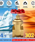 Built To Last 2 Inch Brass Gate Valve NPT 200 WOG with red wheel handle and temperature range illustration -4°F to 302°F