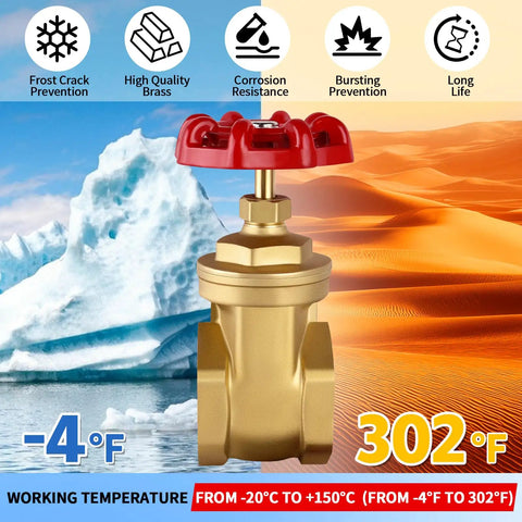 Built To Last 2 Inch Brass Gate Valve NPT 200 WOG with red wheel handle and temperature range illustration -4°F to 302°F