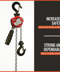 Mini Lever Chain Hoist, 550 Lb Capacity, 5 Ft Lift, Lightweight Yet Rugged Steel, Grade 80 Load Chain shown with safety features