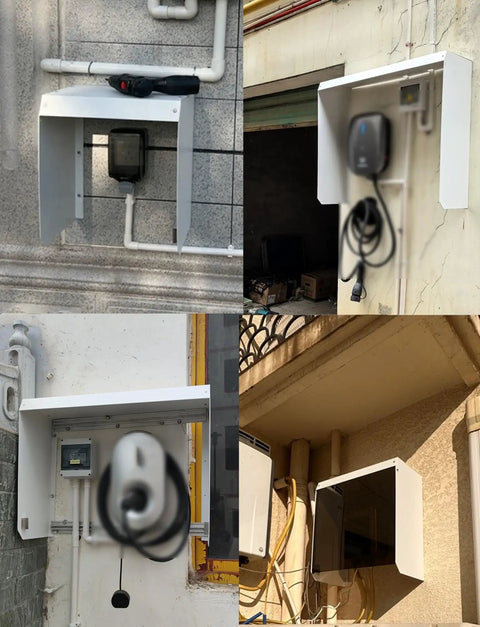 Heavy Duty Galvanized Steel EV Charger Cover Rock Solid Weatherproof Rain Shield For Outdoor Charging Stations on wall.