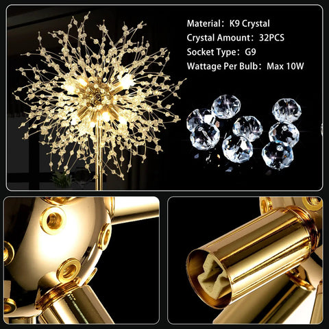 Close-up of 69 Inch Crystal Floor Lamp with K9 crystals, showcasing gold finish and details of Modern LED Standing Lamp On Off Foot Switch.