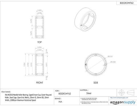 Heavy Duty Metric Needle Roller Bearing With Drawn Steel Cup And Precision Cage For Slick High Rpm Performance And Knockout Shop Ready Durability 20Mm Id 26Mm Od 10Mm Width Open End top and side view drawing.