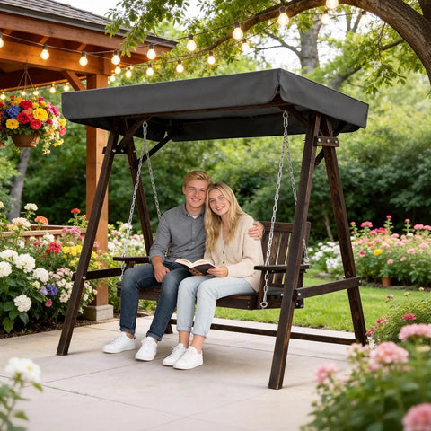 Couple sitting on 4 Ft Porch Swing With Stand Heavy Duty 660 Pound Wooden Swing Set With Canopy For Garden Patio And Yard Rustic Outdoor