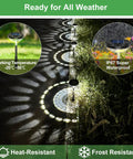 Eight Pack Solar Pathway Lights Outdoor LED Garden Lighting showing waterproof design and lighting on a walkway at night.