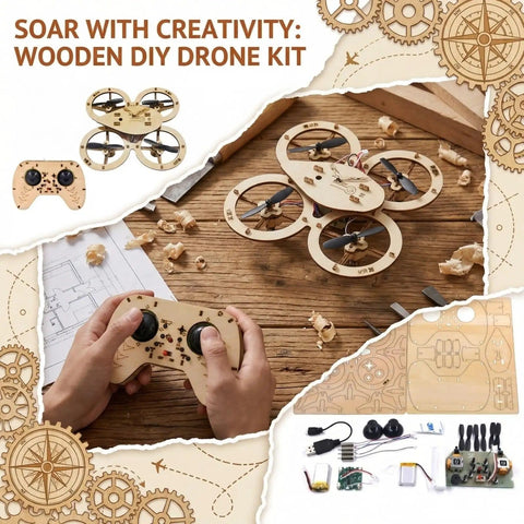 DIY Wooden RC Drone Kit For Adults And Beginners Build Your Own Quadcopter With Gyroscope Remote Control 3D Building Blocks A Hands On STEM Project For Learning Electronics And Flight. Image shows components and assembly.