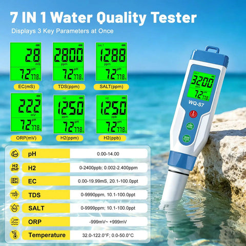 Top Tier Slick Digital Water Tester Meter With Huge Lcd Screen For Hydrogen Ph Orp Tds Ec Plus Salt Testing in water.
