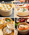 Two Tier Bamboo Food Steamer Basket For Dumplings And Fresh Seafood With No Sweat Cleanup, holding various dumplings and seafood.