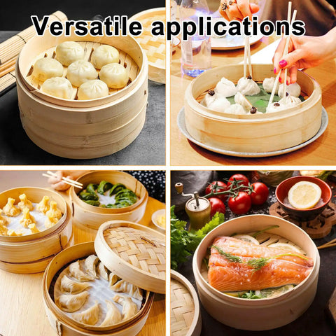 Two Tier Bamboo Food Steamer Basket For Dumplings And Fresh Seafood With No Sweat Cleanup, holding various dumplings and seafood.