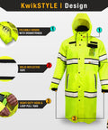 Torrent Trench High Visibility Rain Gear 2 Pack Class 3 ANSI OSHA Reflective Weatherproof Hi Vis Jacket Yellow Medium With Water Resistant ID Pocket And Large Zippered Pockets And Armpit Ventilation; yellow jacket with foldable hood and reflective tape details.