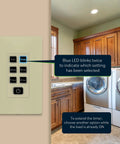 Zero Neutral Wires Needed For This Super Convenient Countdown Timer Switch with blue LED indicators in a laundry room.