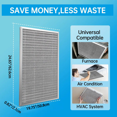 Heavy Duty Reusable Electrostatic Air Filter For Hvac And Furnace Merv 8 washable panel shown in dimensions with aluminum build.