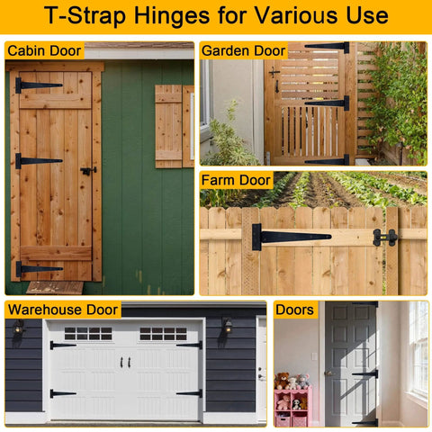 Heavy Duty 12 Inch T Strap Hinges 4 Pack With Screws Rustproof Metal installed on various doors and gates