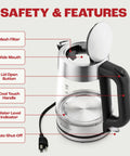 1.7L Electric Kettle For Tea And Water With Borosilicate Glass Body And Stainless Steel Water Path, No Plastic In Spout Or Filter