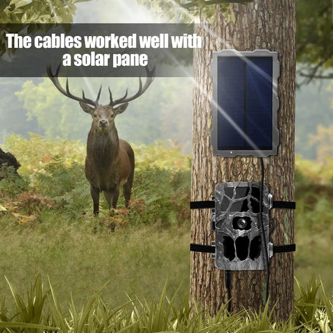 2 Pack Trail Camera Power Cord Hella Durable 5.5X2.1MM DC Cable External Power Extension Wire connected to a solar panel on tree.