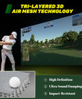 Golfer using Gray Fireproof Golf Simulator Impact Screen With 3D Air Mesh For Indoor Outdoor Practice, screen displaying golf course.