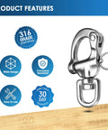 Heavy Duty 316 Stainless Steel Snap Shackle With Quick Release Carabiner for sailboat rigging shown with product features
